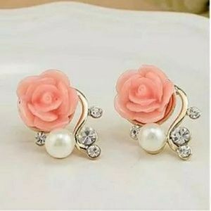 Pink rose faux pearl stud earrings